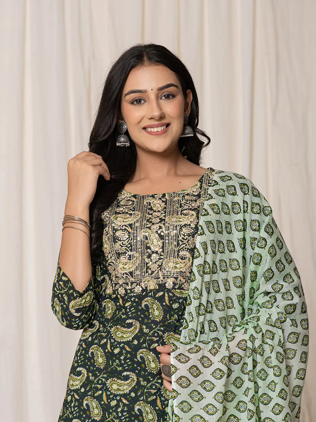 Green Paisley Pure Cotton Straight Kurta And Trouser With Dupatta Set-Yufta Store-7142SKDGRS