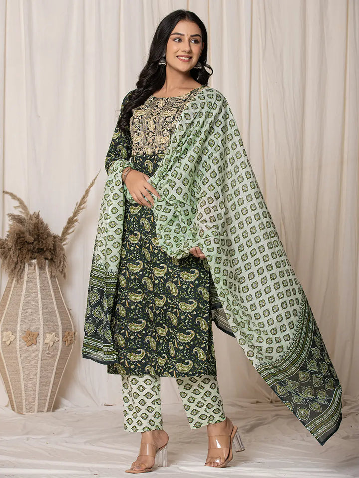 Green Paisley Pure Cotton Straight Kurta And Trouser With Dupatta Set-Yufta Store-7142SKDGRS