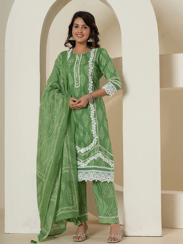 Green Patch Work Pure Cotton Straight Kurta And Dupatta Set-Yufta Store-6985SKDGRM