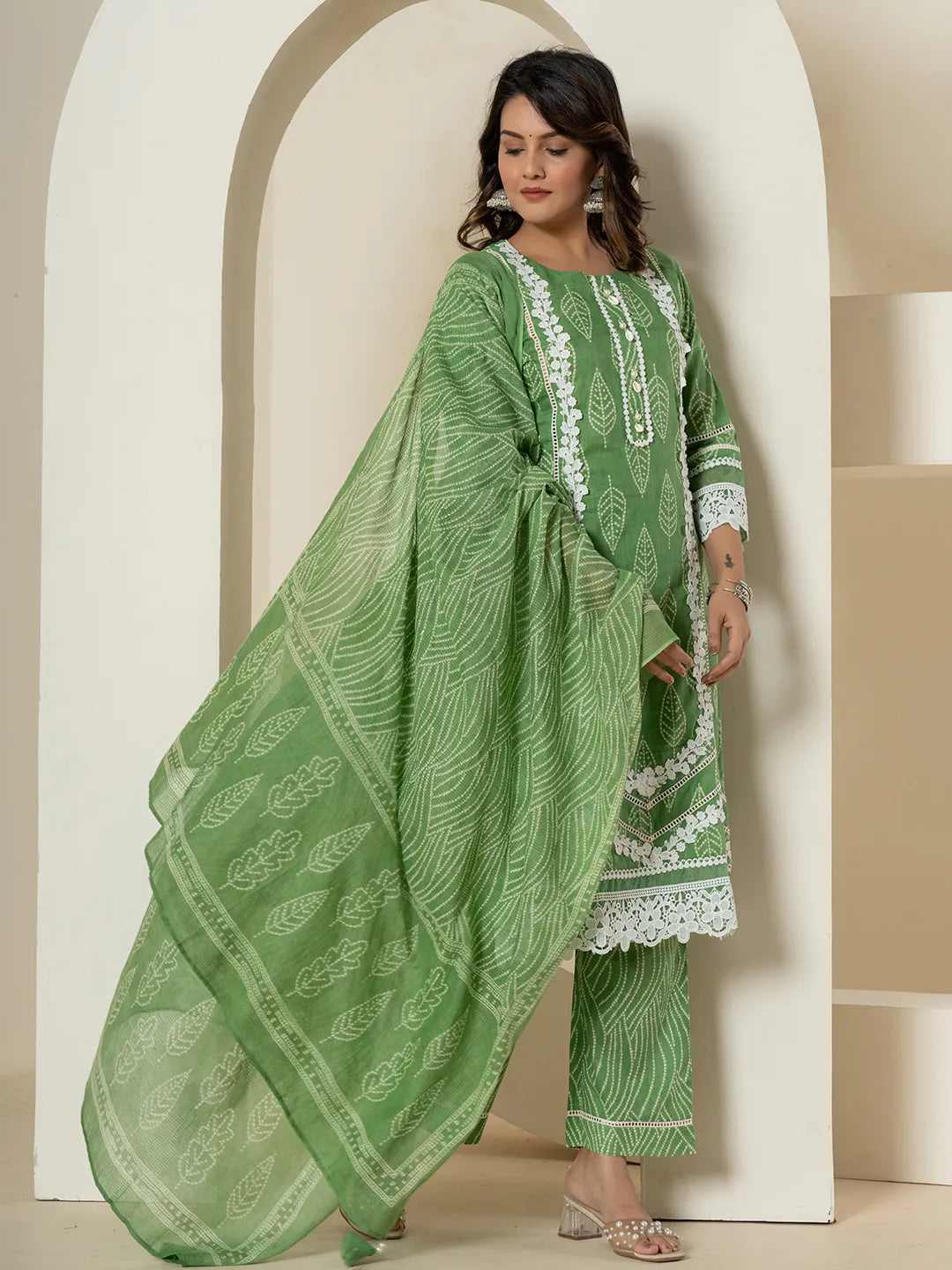 Green Patch Work Pure Cotton Straight Kurta And Dupatta Set-Yufta Store-6985SKDGRM