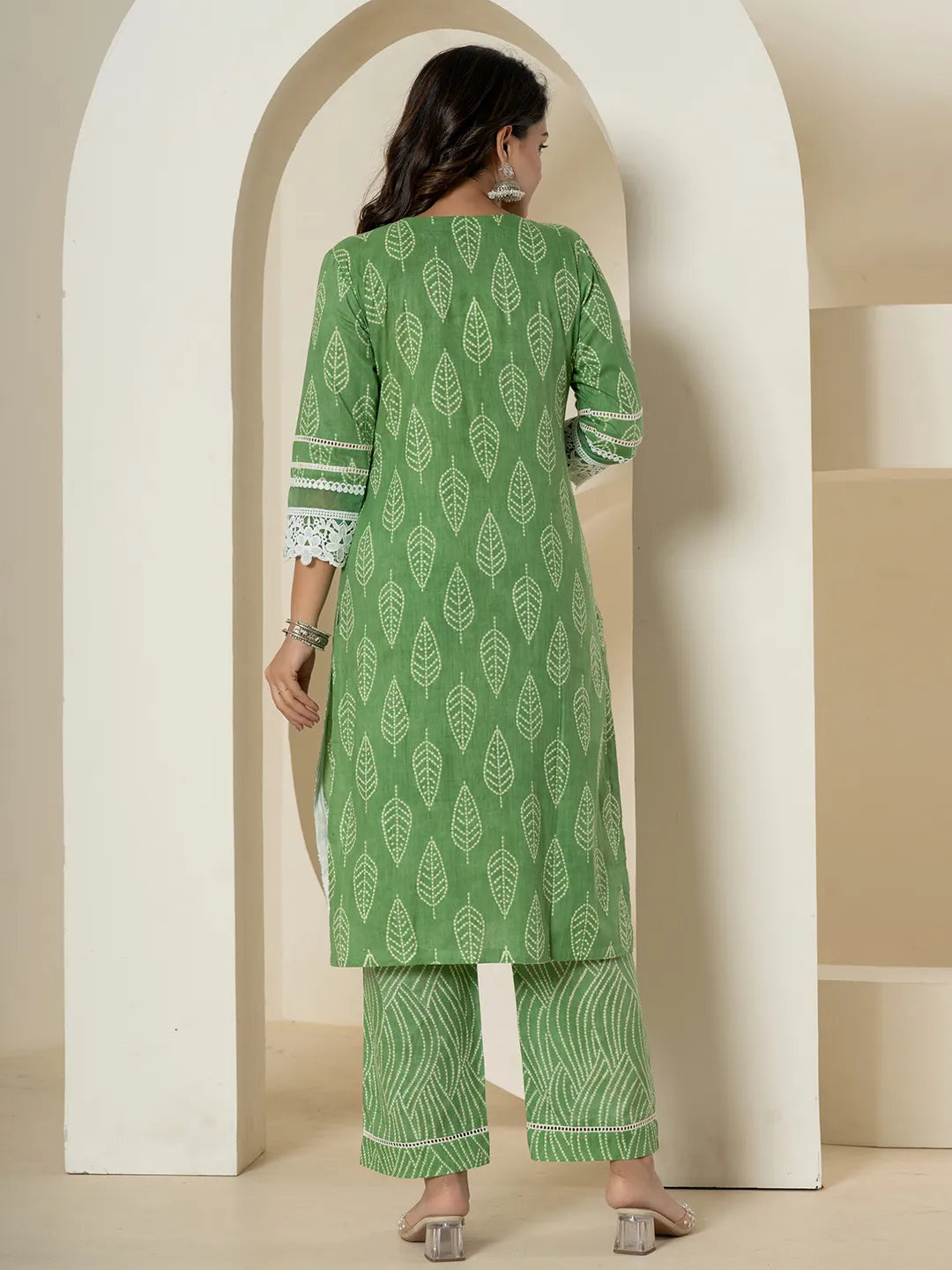 Green Patch Work Pure Cotton Straight Kurta And Dupatta Set-Yufta Store-6985SKDGRM