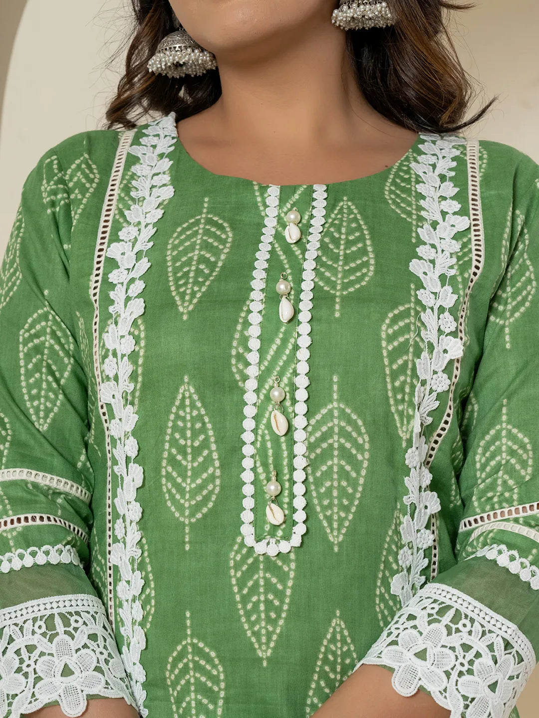 Green Patch Work Pure Cotton Straight Kurta And Dupatta Set-Yufta Store-6985SKDGRM