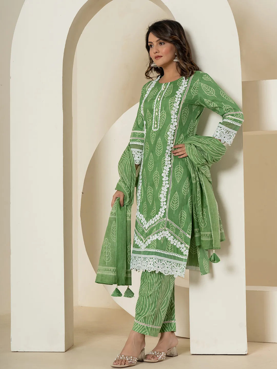 Green Patch Work Pure Cotton Straight Kurta And Dupatta Set-Yufta Store-6985SKDGRM