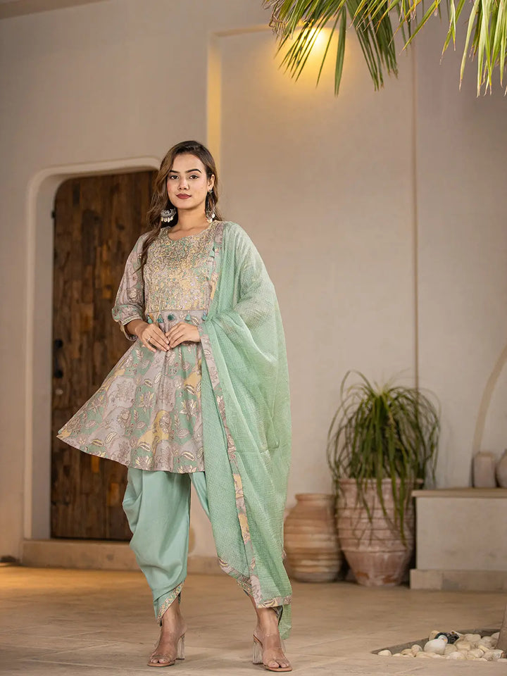 Green Peplum Dhoti Dupatta Set-Yufta Store-6832SKDGRS