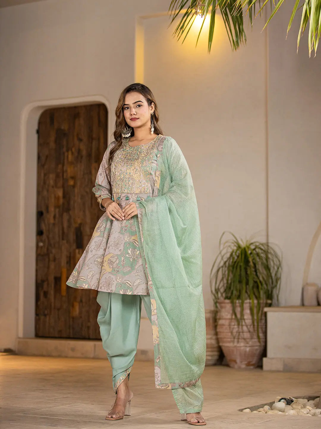 Green Peplum Dhoti Dupatta Set-Yufta Store-6832SKDGRS