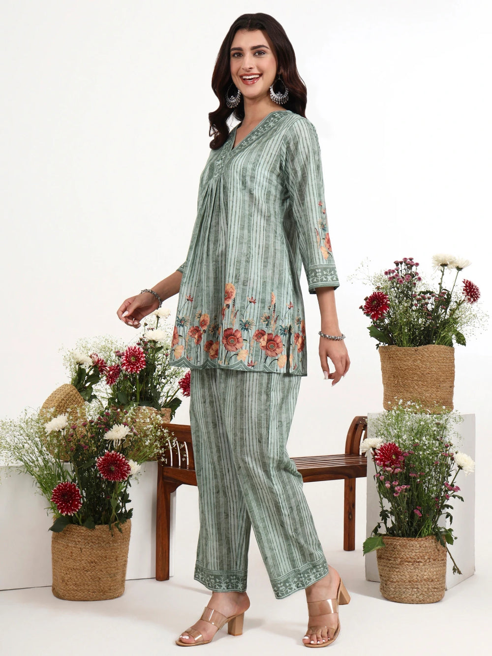 Green Printed Cotton Co-Ord Set-Yufta Store-7499CRDGRM