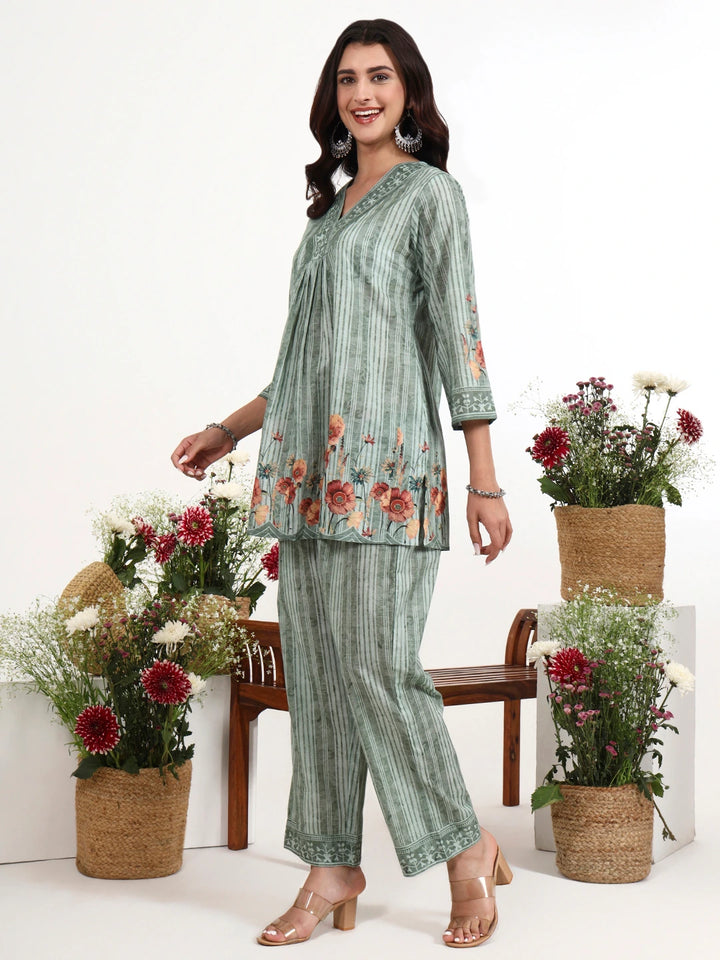 Green Printed Cotton Co-Ord Set-Yufta Store-7499CRDGRM