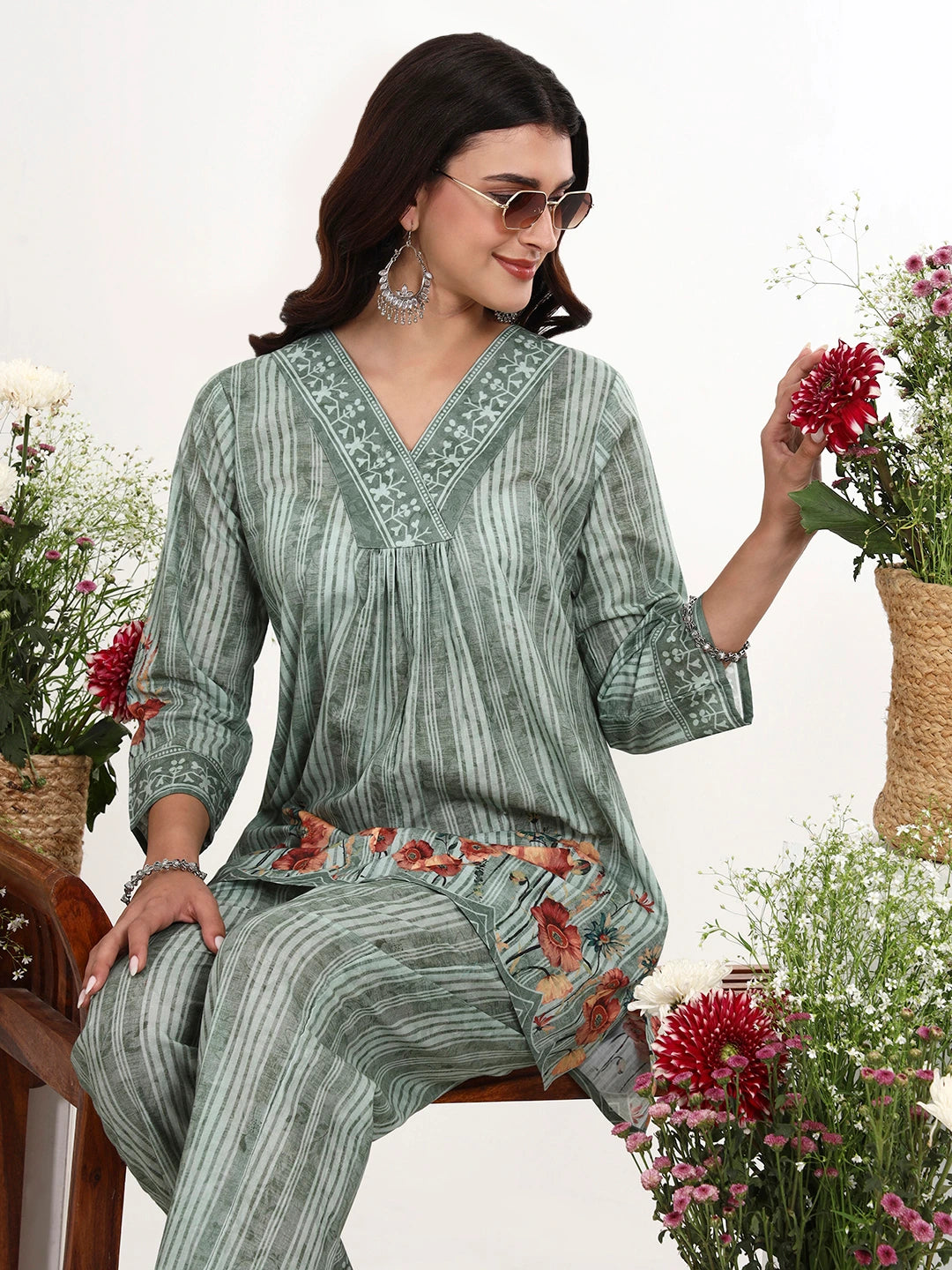 Green Printed Cotton Co-Ord Set-Yufta Store-7499CRDGRM