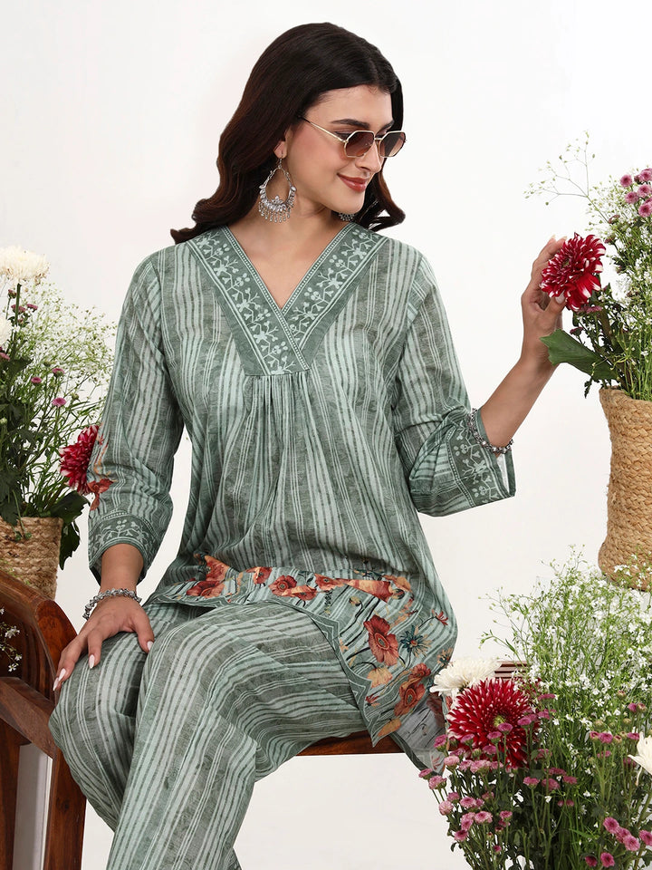 Green Printed Cotton Co-Ord Set-Yufta Store-7499CRDGRM