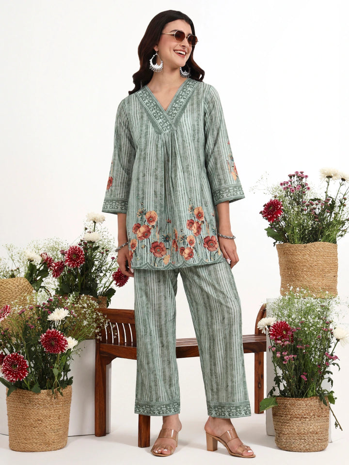 Green Printed Cotton Co-Ord Set-Yufta Store-7499CRDGRM