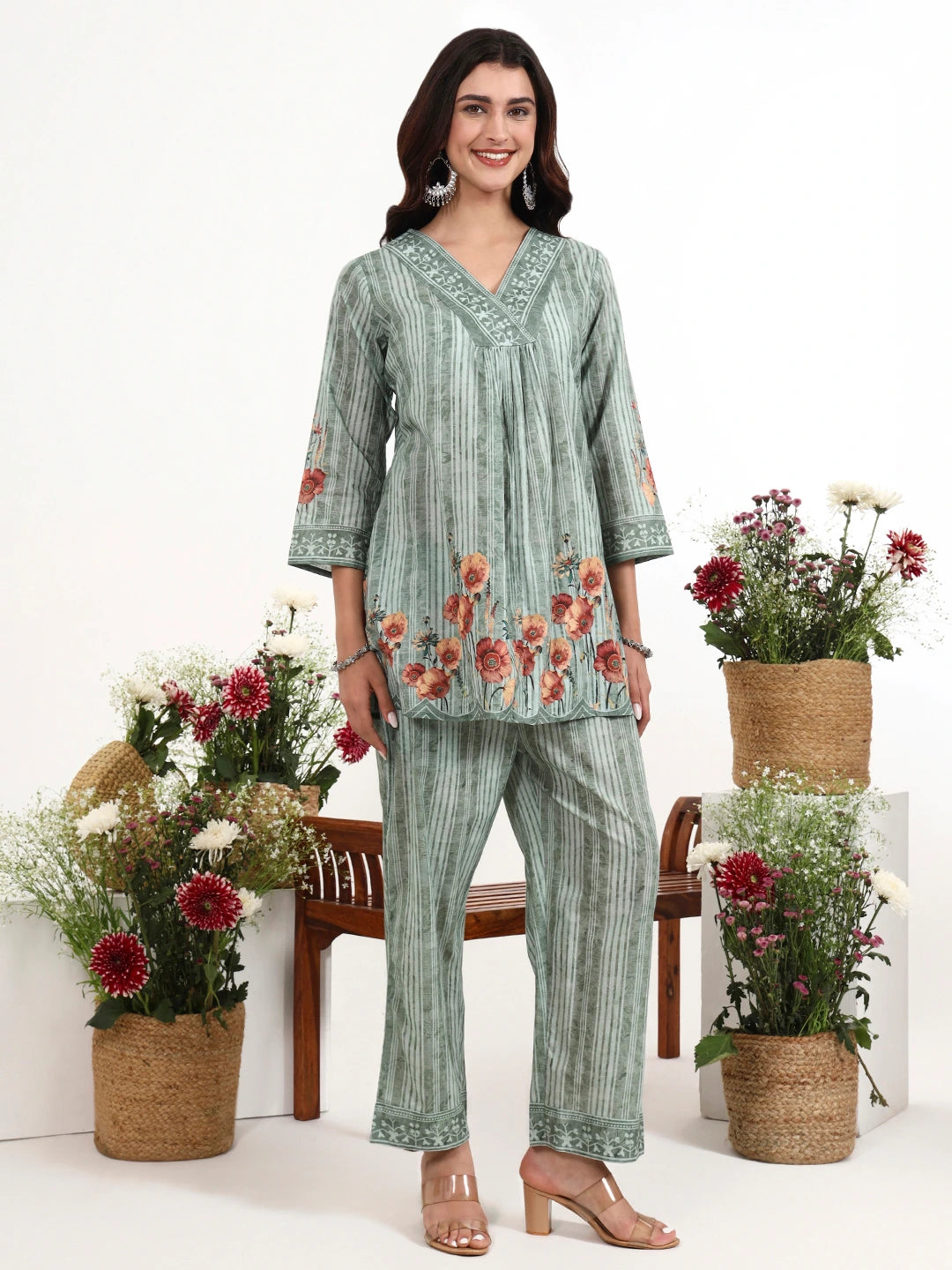 Green Printed Cotton Co-Ord Set-Yufta Store-7499CRDGRM
