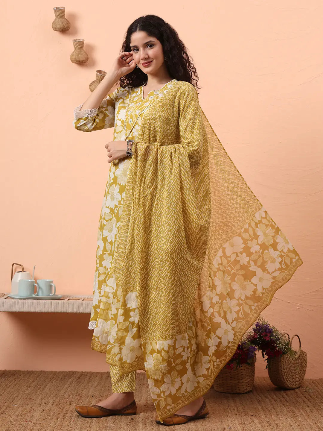 Green Pure Cotton Ethnic Motifs Straight Kurta Pant Set-Yufta Store-6460SKDGRM