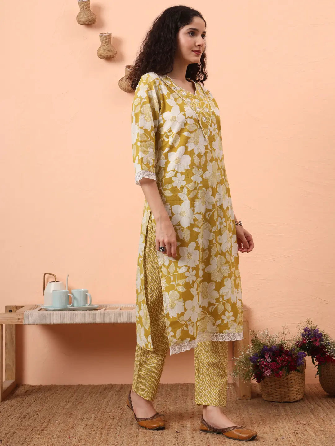 Green Pure Cotton Ethnic Motifs Straight Kurta Pant Set-Yufta Store-6460SKDGRM