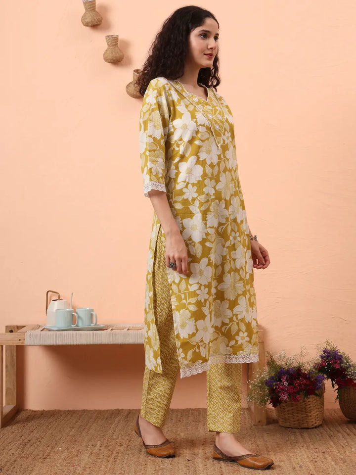 Green Pure Cotton Ethnic Motifs Straight Kurta Pant Set-Yufta Store-6460SKDGRM