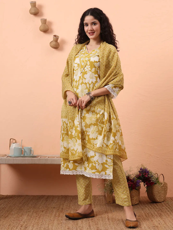 Green Pure Cotton Ethnic Motifs Straight Kurta Pant Set-Yufta Store-6460SKDGRM