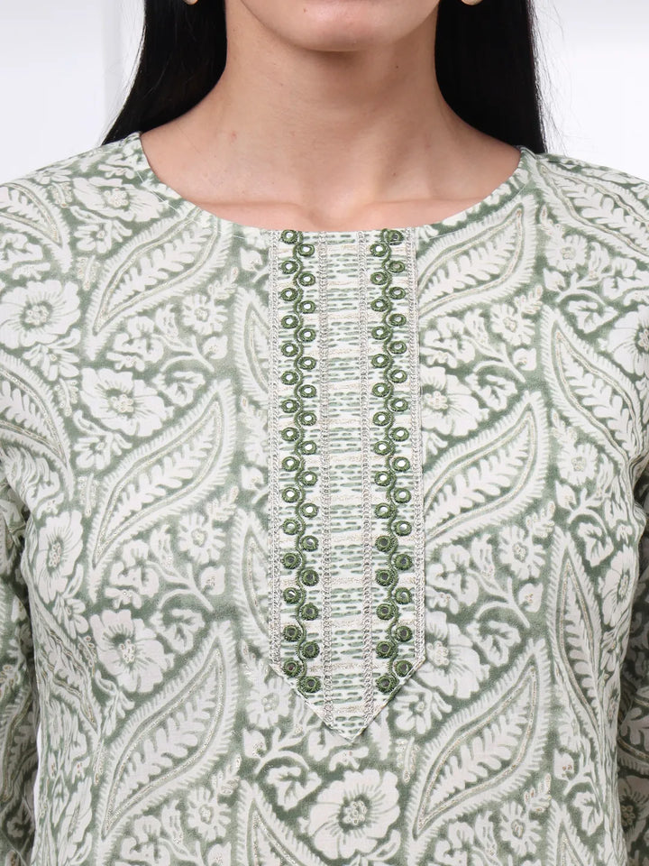 Green Pure Cotton Ethnic Motifs Straight Kurta Trouser Dupatta Set