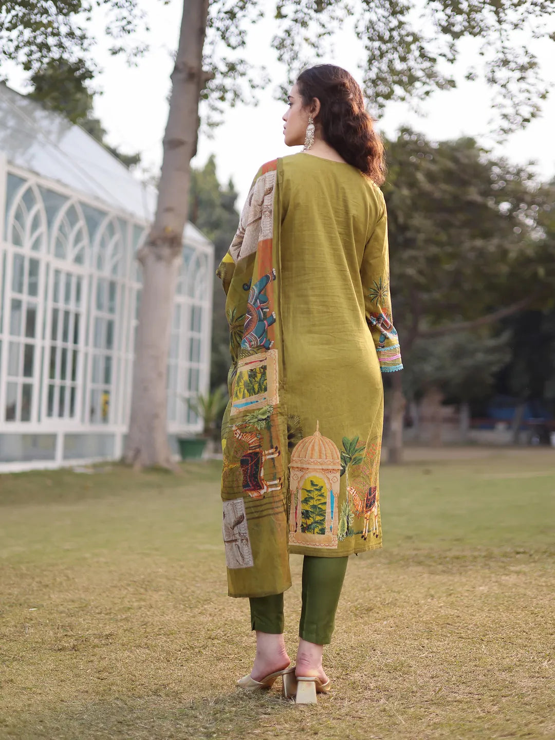 Green Pure Cotton Sequins-Work Piping Pakistani Style Kurta Trouser Dupatta Set-Yufta Store-6580SKDGRM