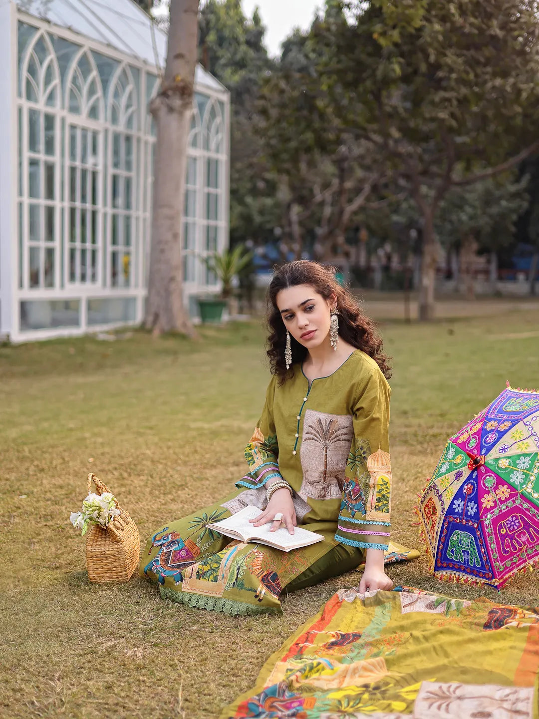 Green Pure Cotton Sequins-Work Piping Pakistani Style Kurta Trouser Dupatta Set-Yufta Store-6580SKDGRM