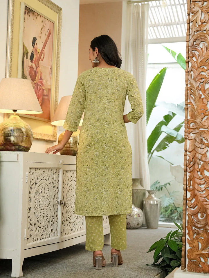 Green Pure Cotton Thread Work Sequins Work Kurta Dupatta Pant Set-Yufta Store-6543SKDGRM