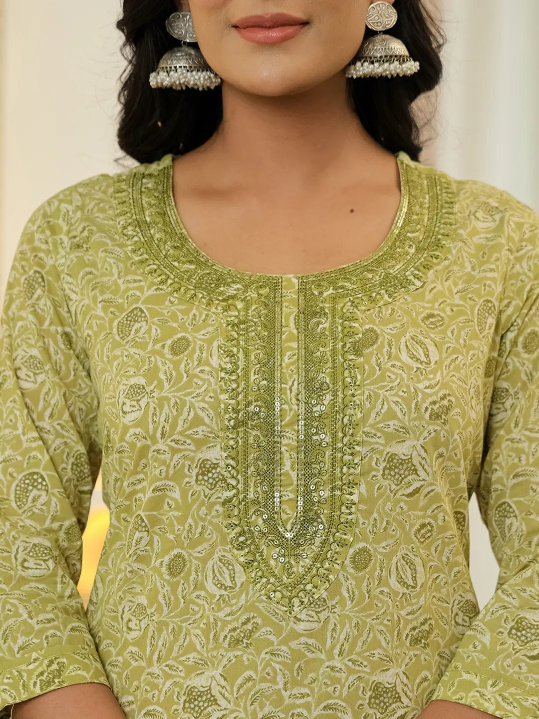 Green Pure Cotton Thread Work Sequins Work Kurta Dupatta Pant Set-Yufta Store-6543SKDGRM