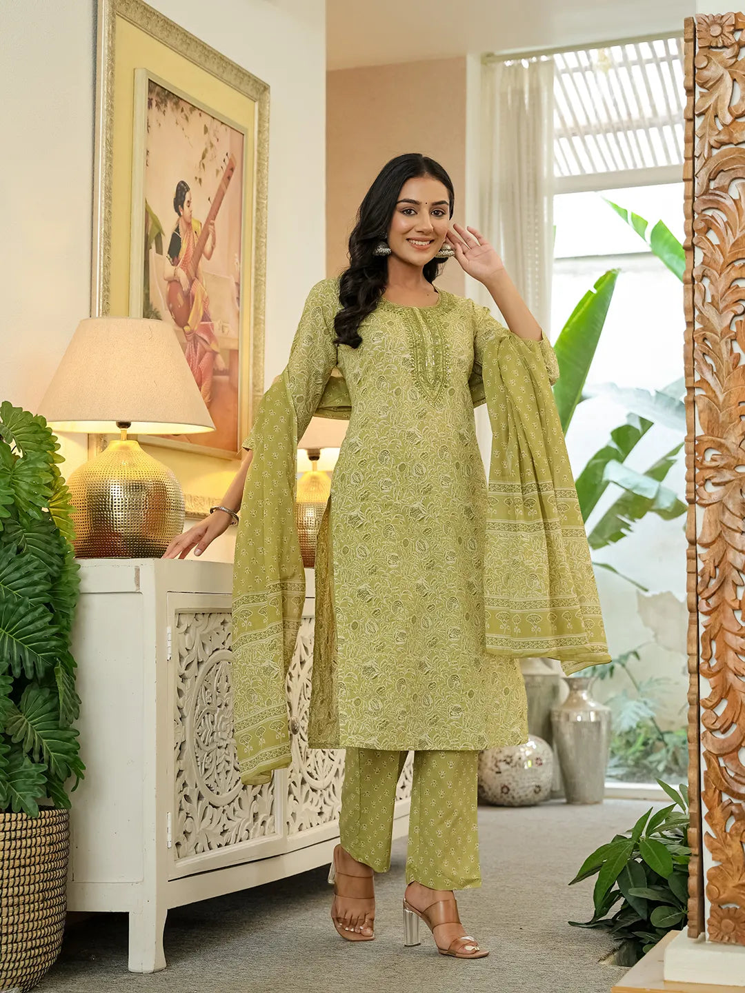 Green Pure Cotton Thread Work Sequins Work Kurta Dupatta Pant Set-Yufta Store-6543SKDGRM