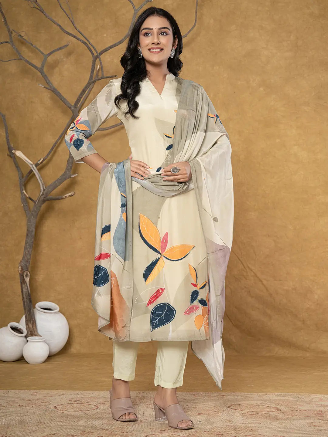 Green Pure Crepe Placement Print Kurta Dupatta Set-Yufta Store-7077SKDGRS