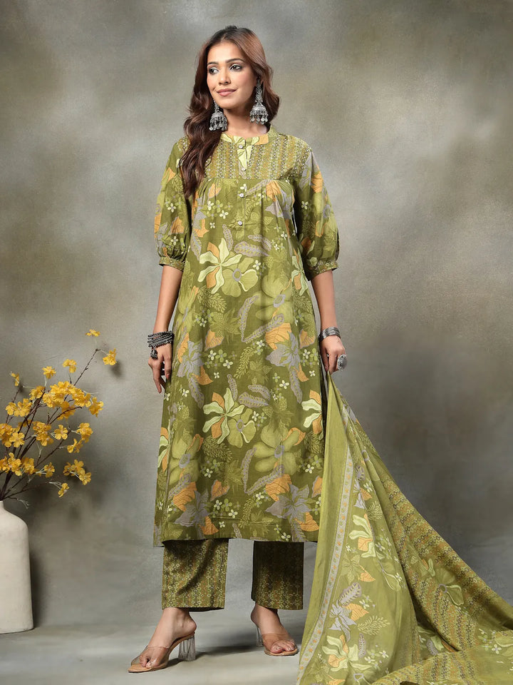 Green Sequins Work Pure Cotton A-Line Kurta Trouser Dupatta Set