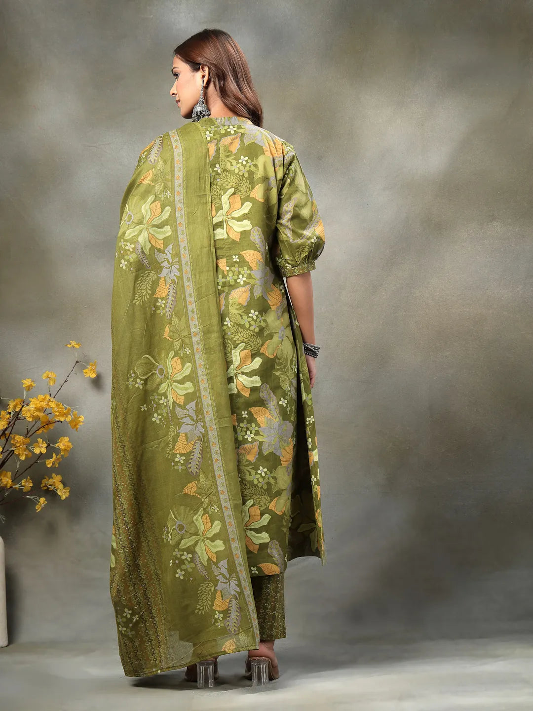 Green Sequins Work Pure Cotton A-Line Kurta Trouser Dupatta Set