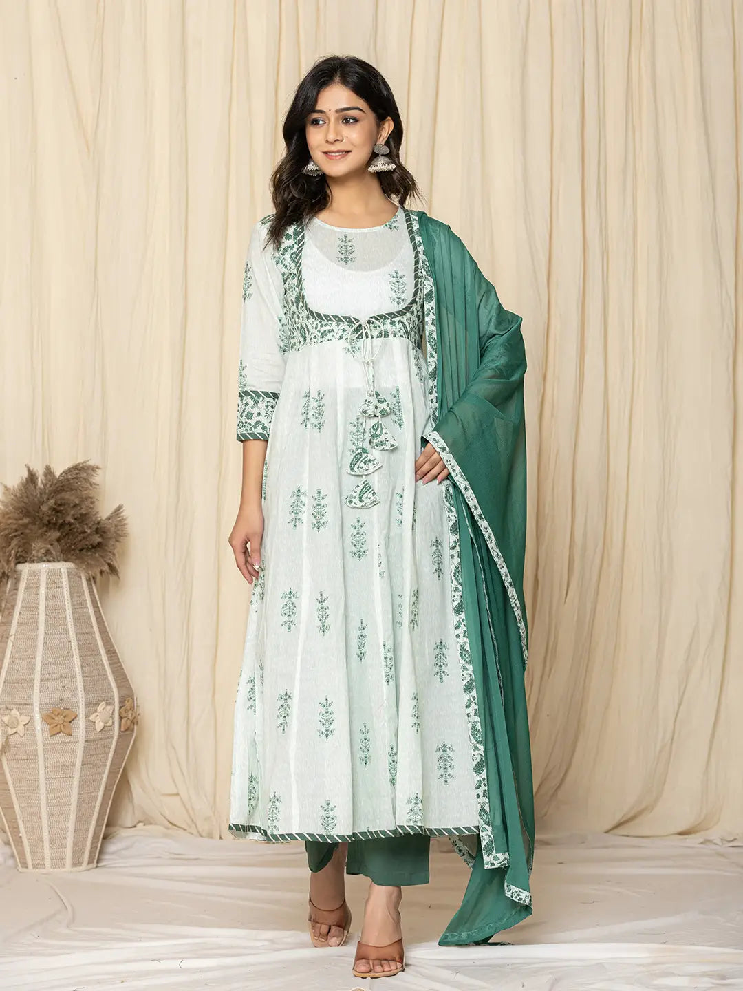 Green Sequins_Work Cotton Anarkali Kurta And Trouser With Dupatta Set-Yufta Store-1568SKDGRS