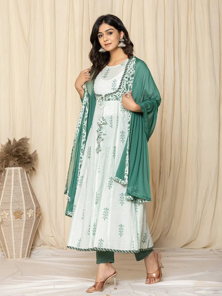 Green Sequins_Work Cotton Anarkali Kurta And Trouser With Dupatta Set-Yufta Store-1568SKDGRS