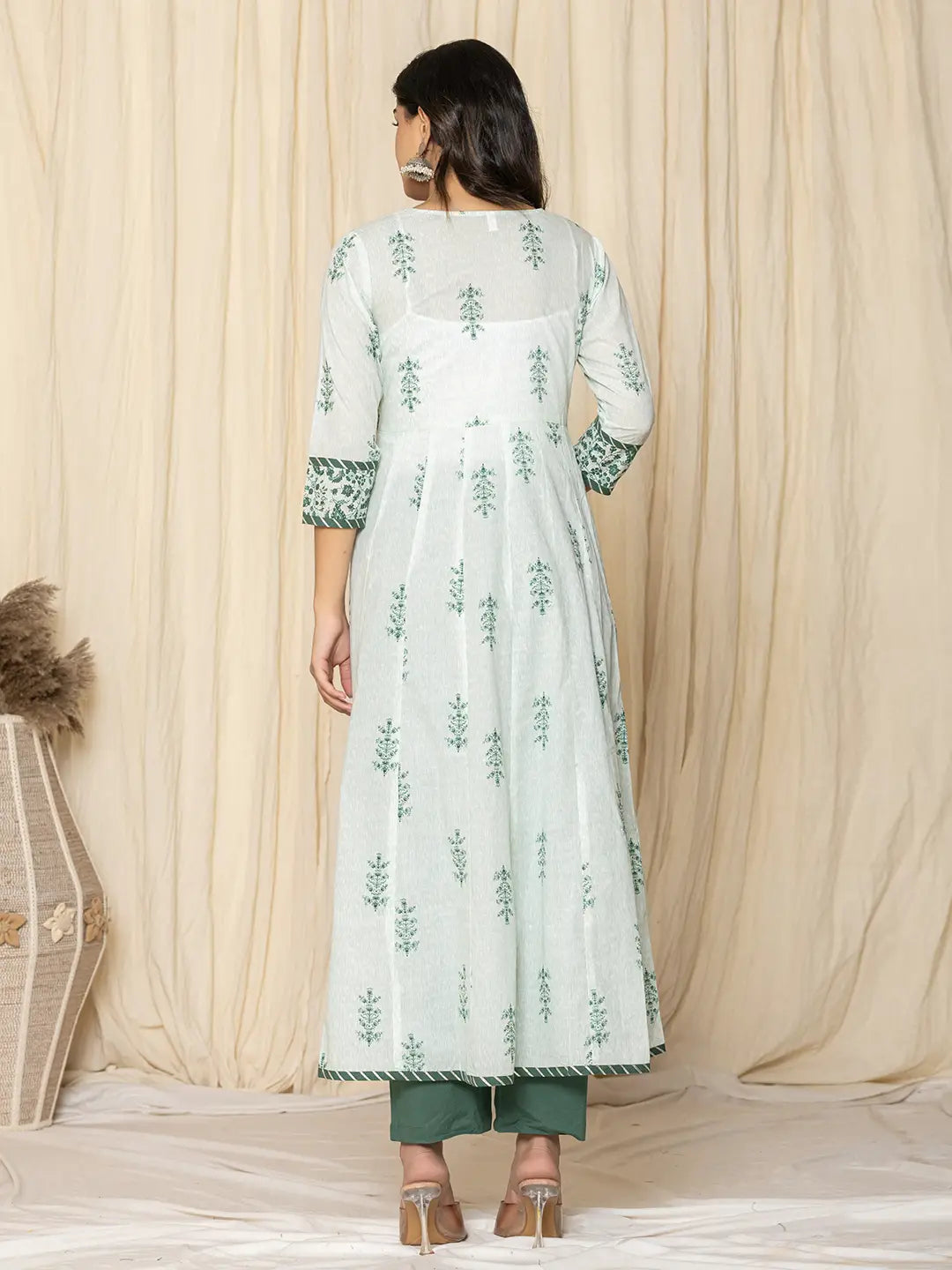 Green Sequins_Work Cotton Anarkali Kurta And Trouser With Dupatta Set-Yufta Store-1568SKDGRS