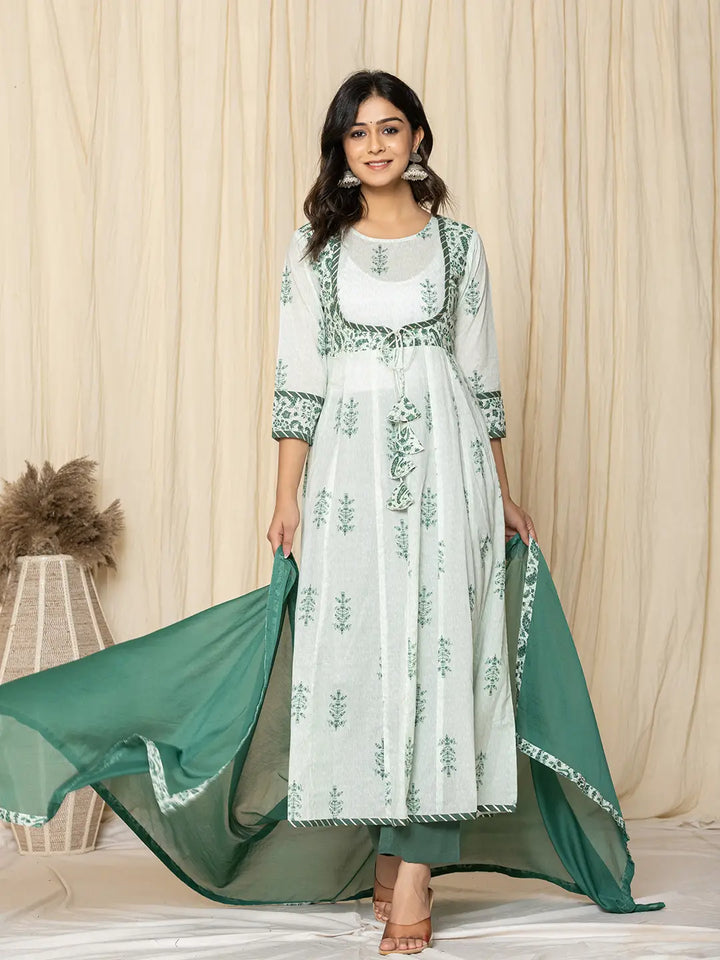 Green Sequins_Work Cotton Anarkali Kurta And Trouser With Dupatta Set-Yufta Store-1568SKDGRS