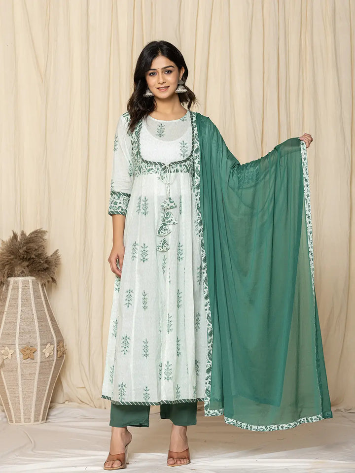 Green Sequins_Work Cotton Anarkali Kurta And Trouser With Dupatta Set-Yufta Store-1568SKDGRS