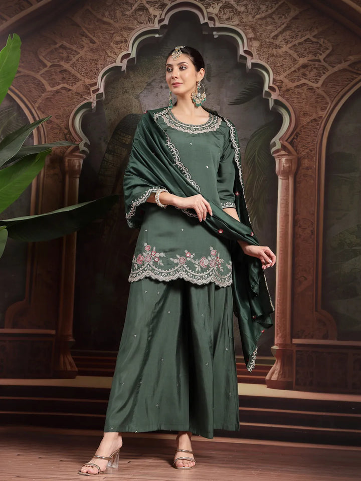 Green Silk Blend Embroidered Straight Kurta Dupatta Palazzo Set