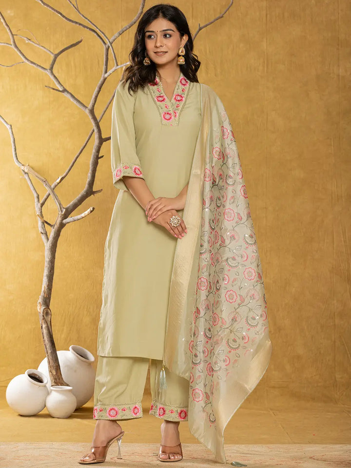 Green Silk Blend Pakistani Style Kurta Dupatta Set-Yufta Store-1010SKDGRS