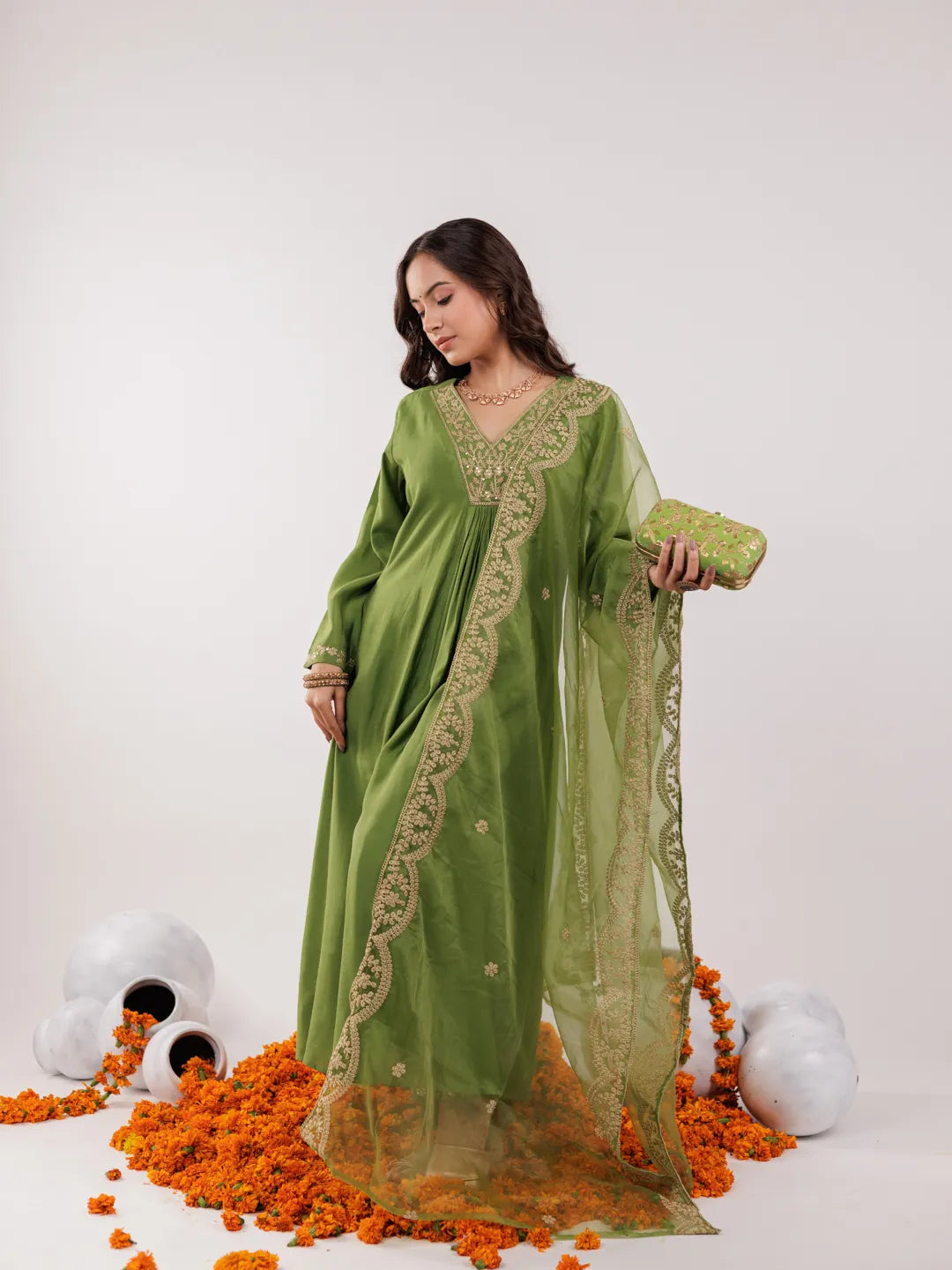 Green Silk Embroidered Kurta Dupatta Set-Yufta Store-7175SKDGRS