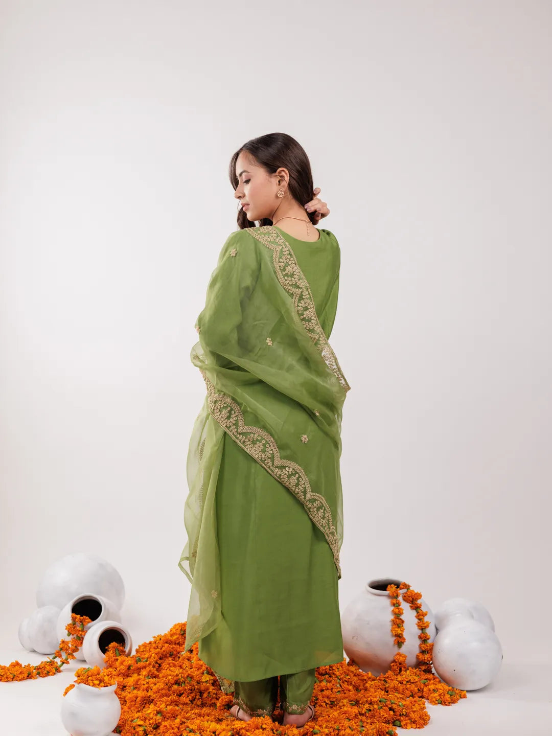 Green Silk Embroidered Kurta Dupatta Set-Yufta Store-7175SKDGRS