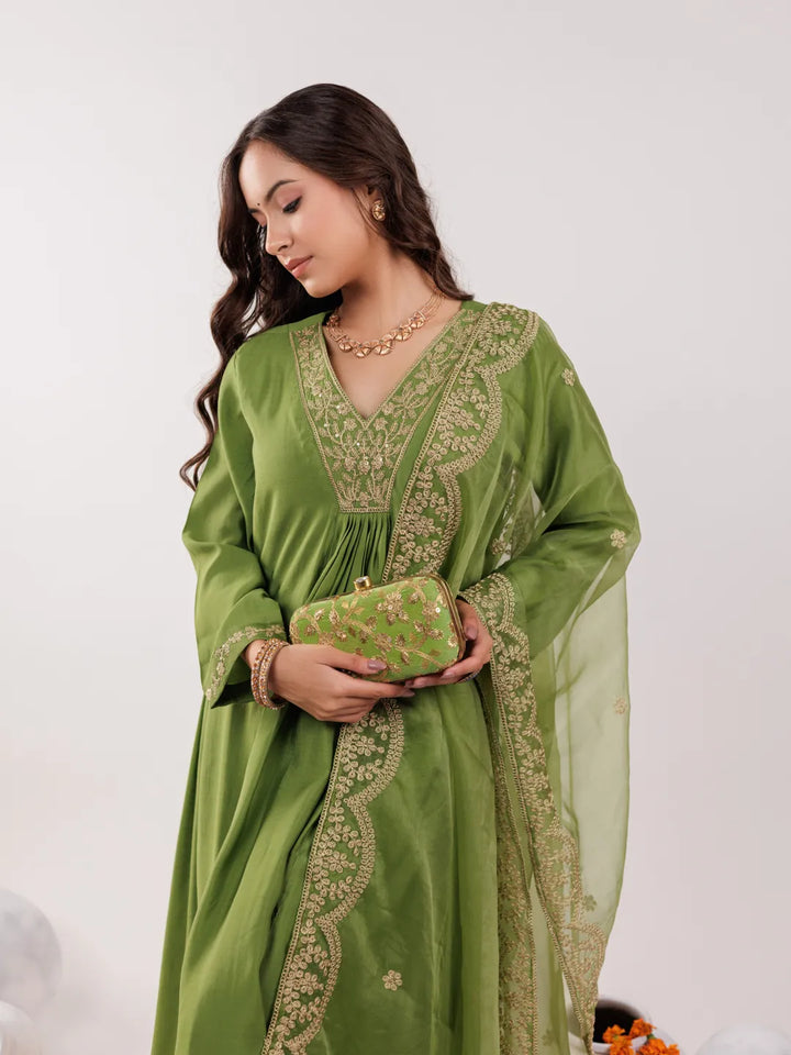 Green Silk Embroidered Kurta Dupatta Set-Yufta Store-7175SKDGRS