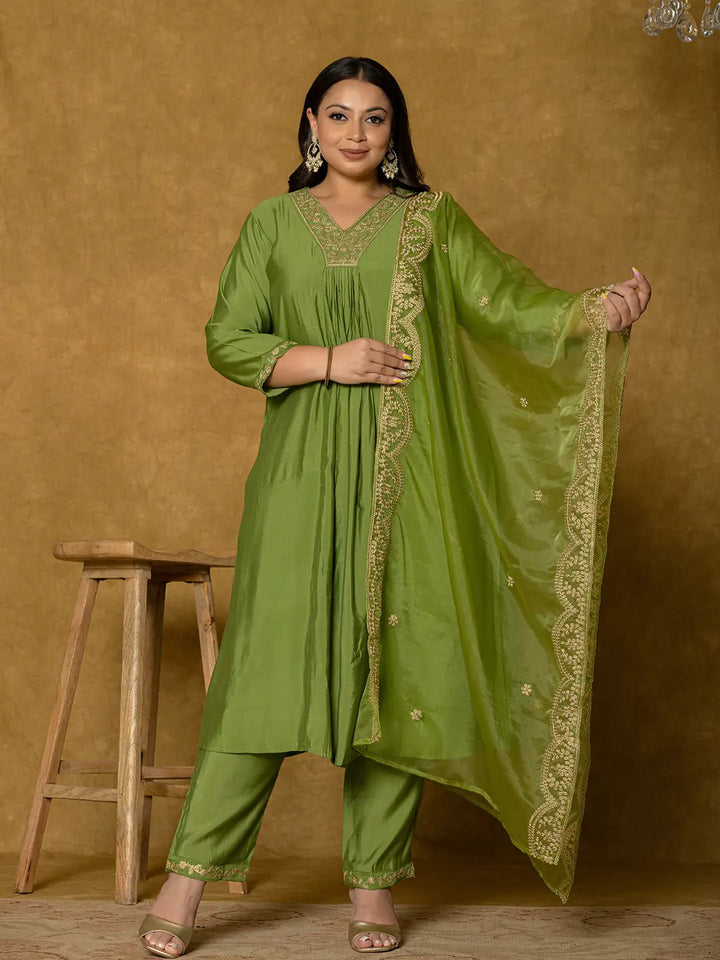 Green Silk Embroidered Plus Size Kurta Dupatta Set-Yufta Store-7175PSKDGR3XL