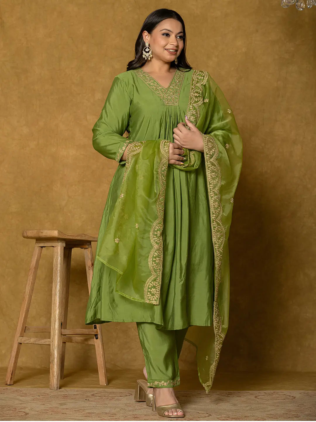 Green Silk Embroidered Plus Size Kurta Dupatta Set-Yufta Store-7175PSKDGR3XL