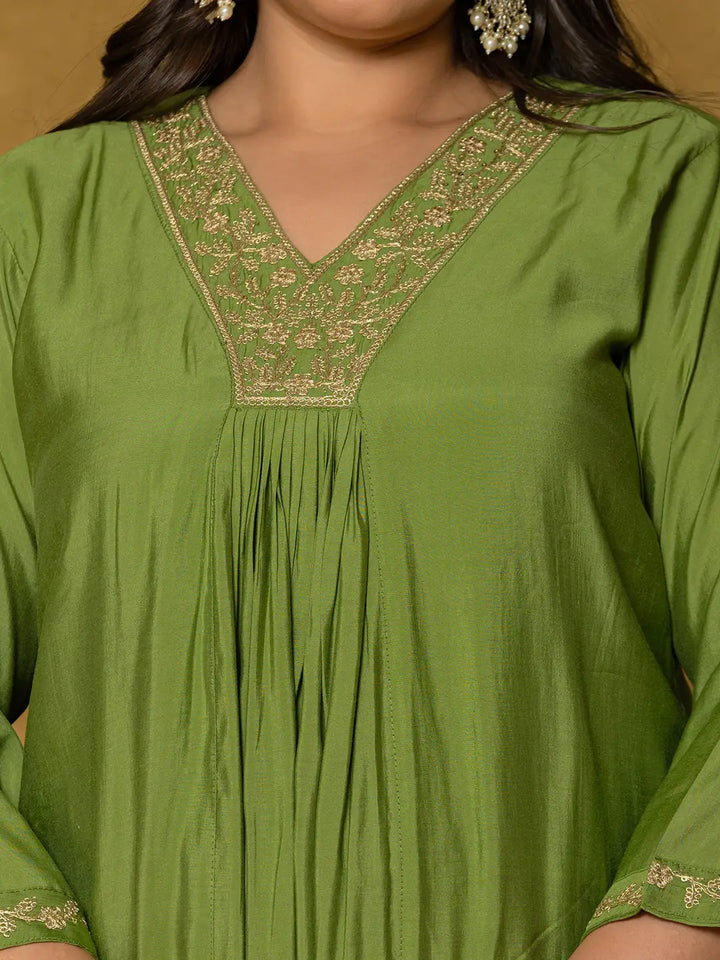 Green Silk Embroidered Plus Size Kurta Dupatta Set-Yufta Store-7175PSKDGR3XL