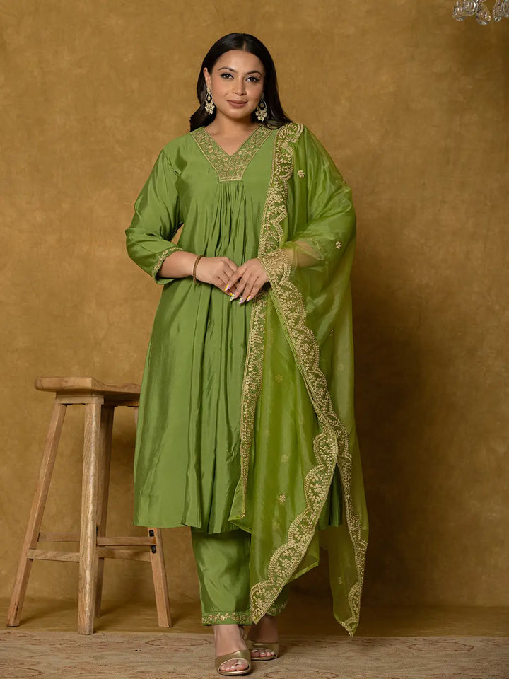 Green Silk Embroidered Plus Size Kurta Dupatta Set-Yufta Store-7175PSKDGR3XL