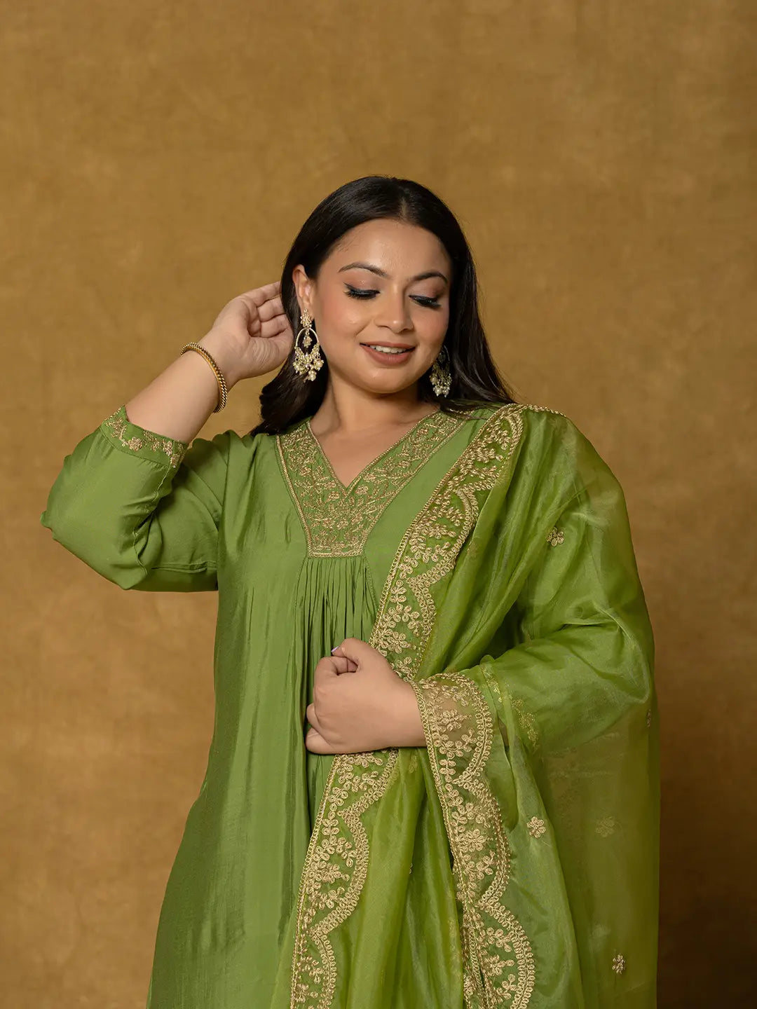 Green Silk Embroidered Plus Size Kurta Dupatta Set-Yufta Store-7175PSKDGR3XL