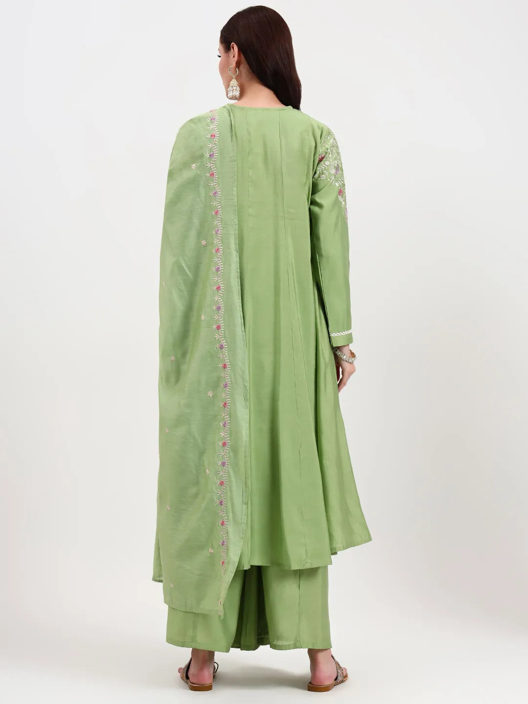 Green Solid Roman Silk Anarkali Kurta Palazzo Dupatta Set
