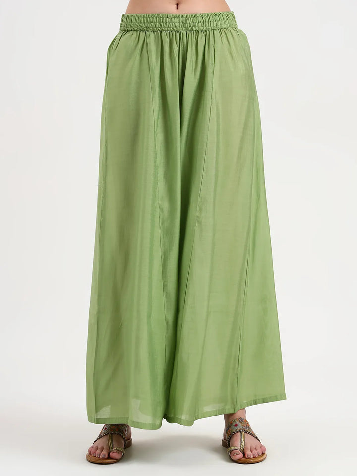 Green Solid Roman Silk Anarkali Kurta Palazzo Dupatta Set