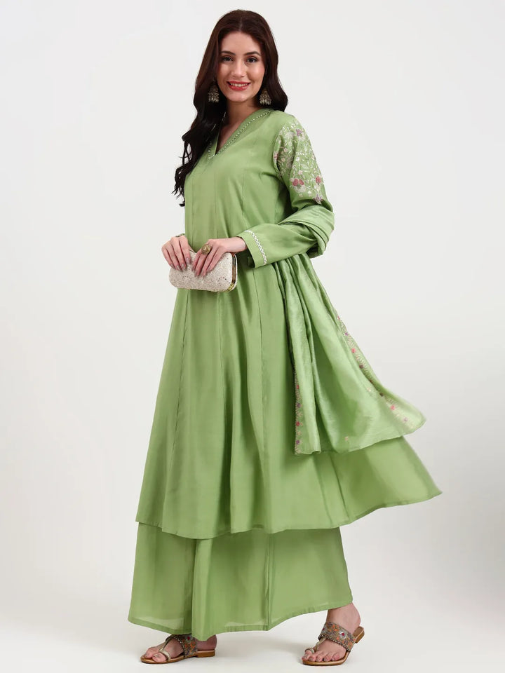Green Solid Roman Silk Anarkali Kurta Palazzo Dupatta Set