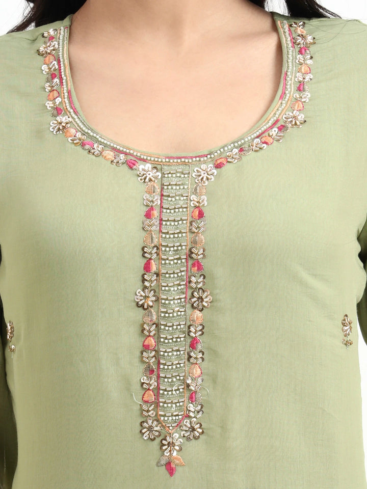 Green Solid Straight Style Chanderi Silk Lining Kurta Trouser Dupatta Set