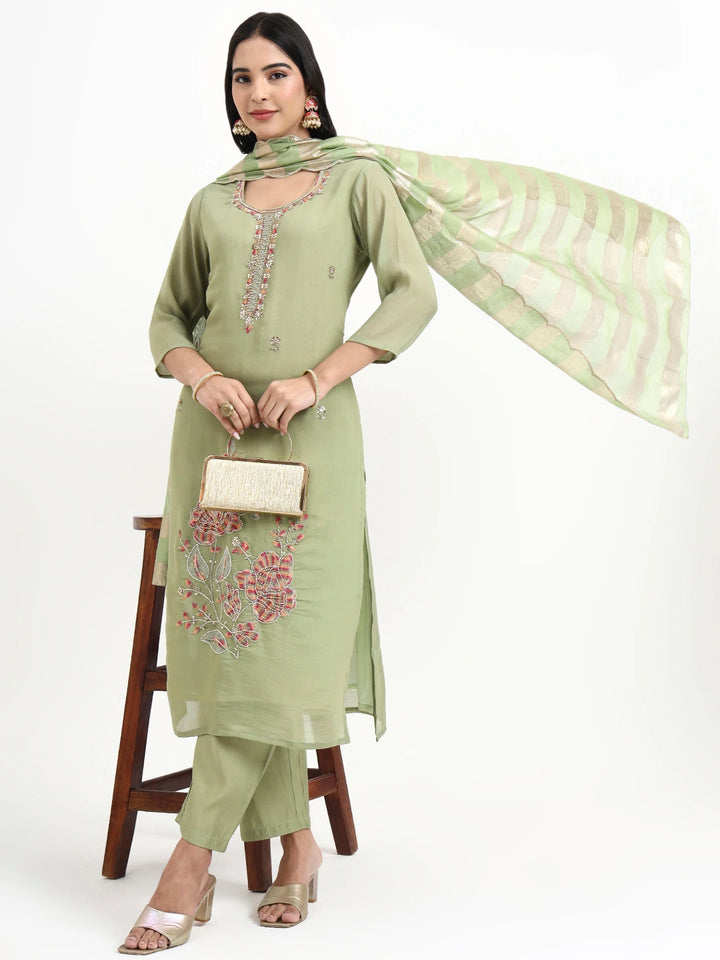 Green Solid Straight Style Chanderi Silk Lining Kurta Trouser Dupatta Set