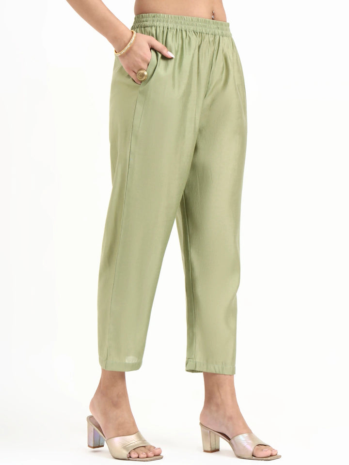 Green Solid Straight Style Chanderi Silk Lining Kurta Trouser Dupatta Set