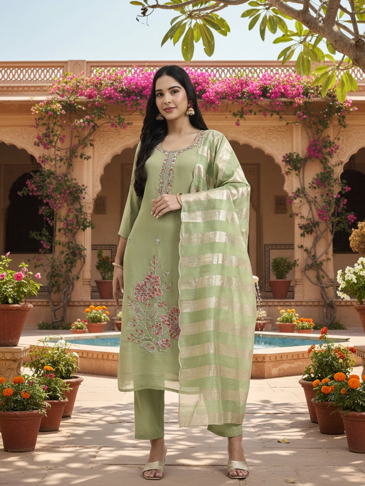 Green Solid Straight Style Chanderi Silk Lining Kurta Trouser Dupatta Set